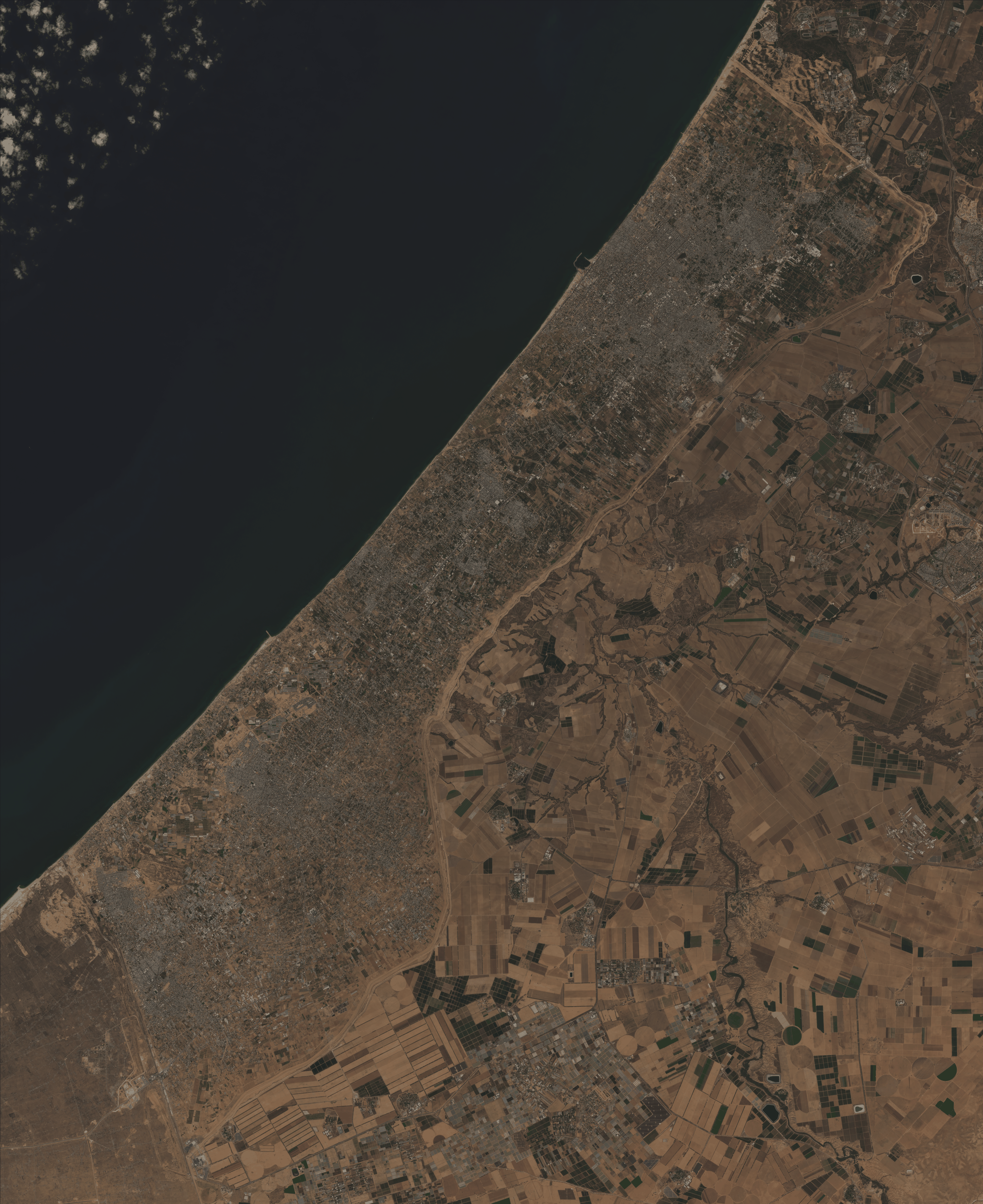 Natural color satellite image of Gaza created using Sentinel-2 bands 2 (blue), 3 (green), and 4 (red), showing the area in true-color representation.