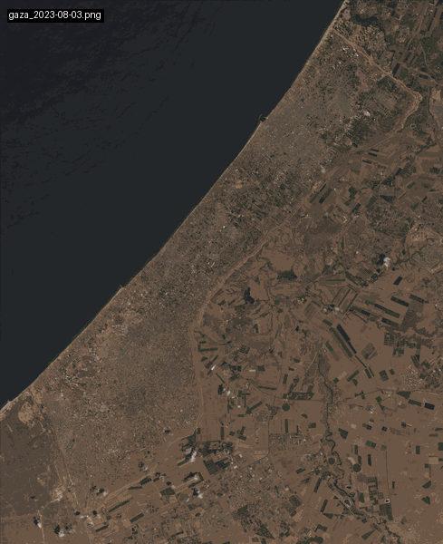 Time-lapse of Sentinel-2 satellite imagery showing visible changes in Gaza’s urban and landscape features from August 2023 to November 2024.